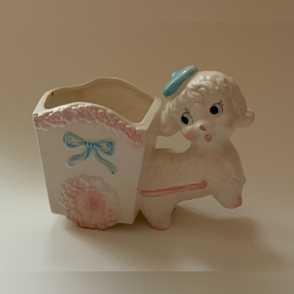 Vintage Napco Ceramic Lamb Planter with Pink and Blue Accents